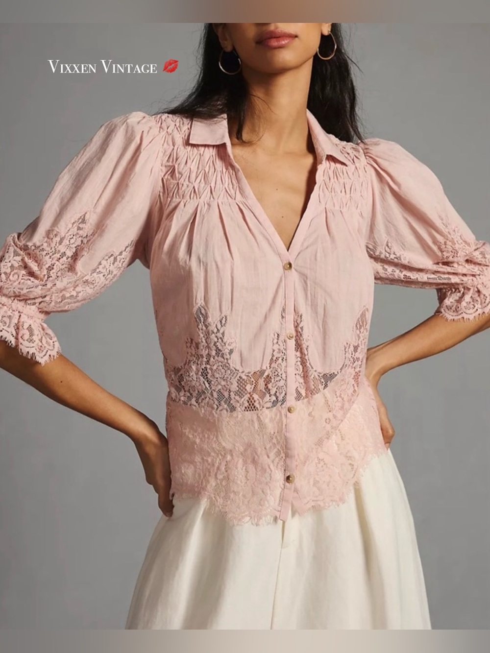 ANTHROPOLOGIE PUFF SLEEVE PINTUCK 'VICTORIAN SHEER-LACE BLOUSE' IN PINK